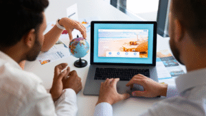 Tiga orang sedang berdiskusi di meja kerja sambil melihat tampilan landing page bertema travel di layar laptop, dengan globe kecil di atas meja.