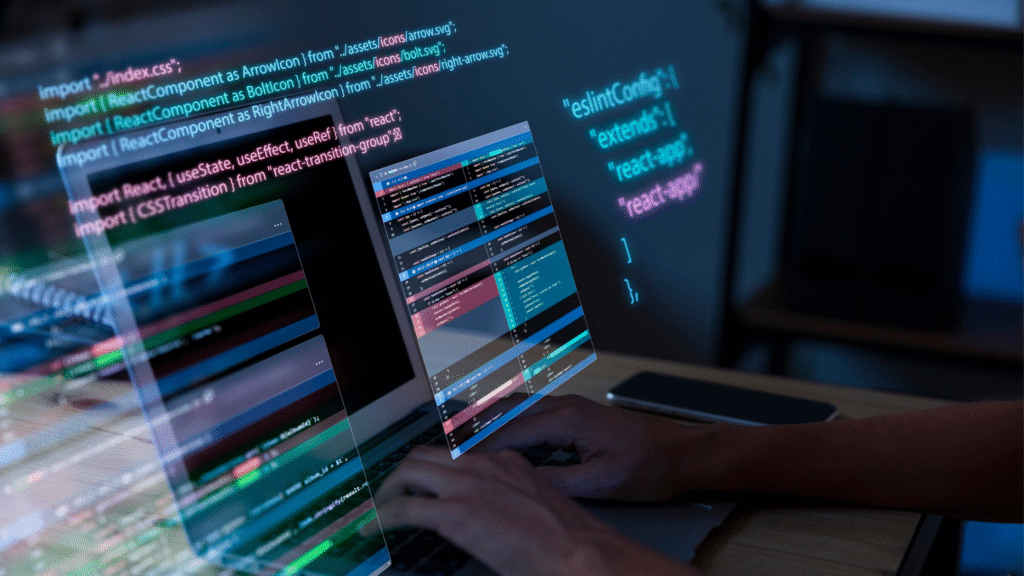 Seorang developer sedang menulis kode pemrograman menggunakan ReactJS pada laptop dengan tampilan antarmuka modern dan visualisasi kode berwarna.