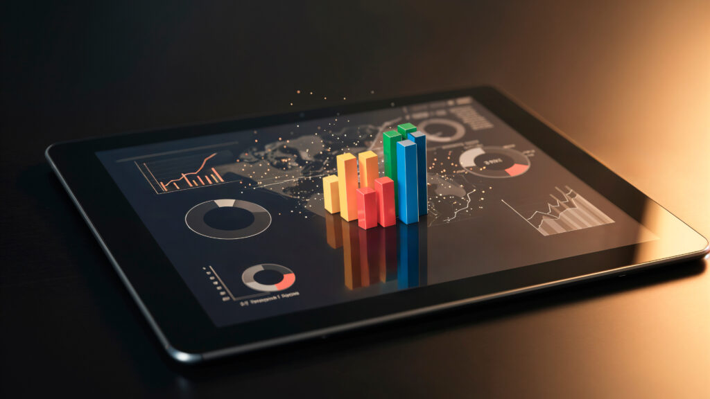 Tim marketing sedang berdiskusi sambil menganalisis grafik strategi digital, menggambarkan penerapan SMART Goals dalam kampanye digital marketing.