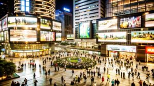 Kerumunan orang berjalan kaki melewati billboard digital sebagai bagian dari kampanye Digital OOH untuk meningkatkan brand awareness bisnis.