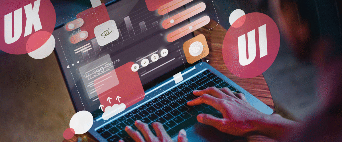 Tangan sedang mengetik di laptop dengan visual elemen UI dan UX yang melayang di layar, merepresentasikan proses desain antarmuka pengguna dan pengalaman pengguna dalam pengembangan website atau aplikasi digital 