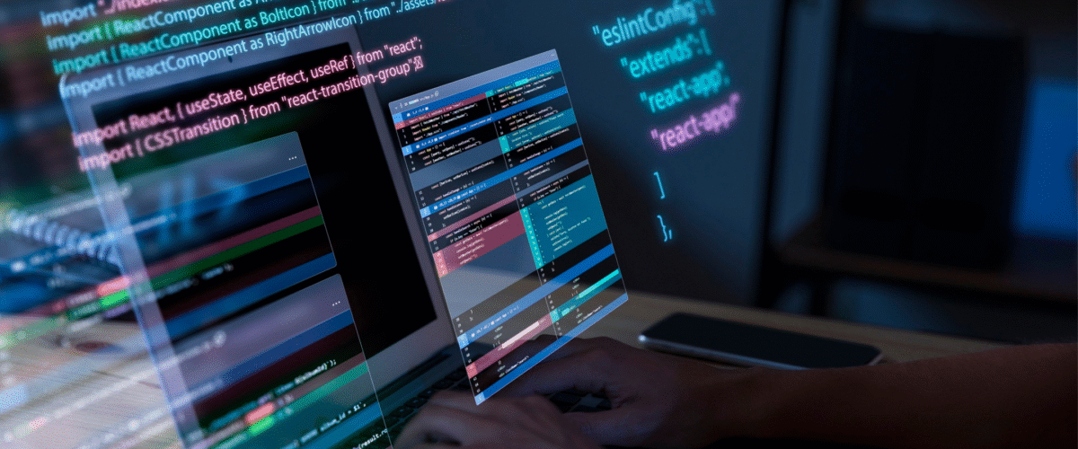 Seorang developer sedang menulis kode pemrograman menggunakan ReactJS pada laptop dengan tampilan antarmuka modern dan visualisasi kode berwarna 