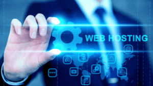 Tangan seorang pebisnis menyentuh antarmuka digital bertuliskan "Web Hosting" dengan ikon-ikon teknologi dan internet.